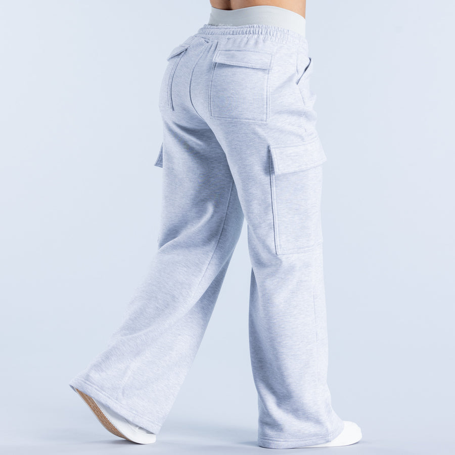 Light blue cargo jogger sweatpants with back patch pocket and wide leg opening