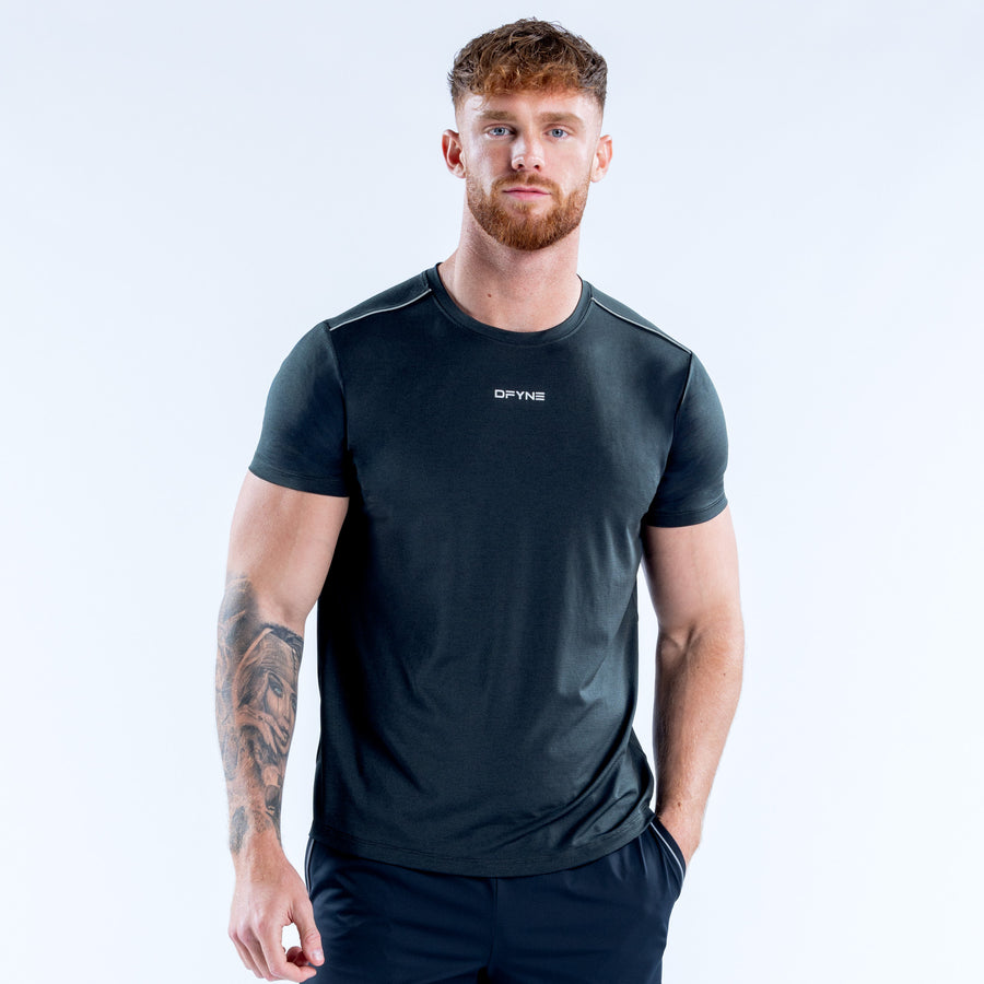 Men's dark green active top with DPYNE chest logo, crew neck, short sleeves