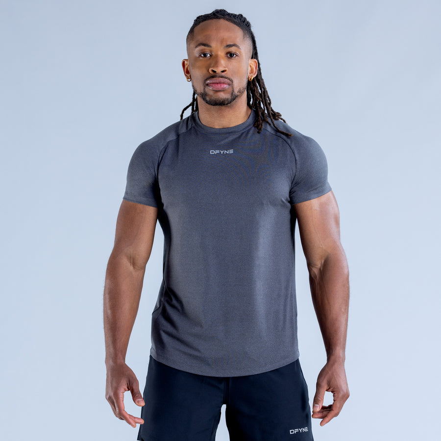 Men's training T-shirt, dark gray, crew neck, small chest logo