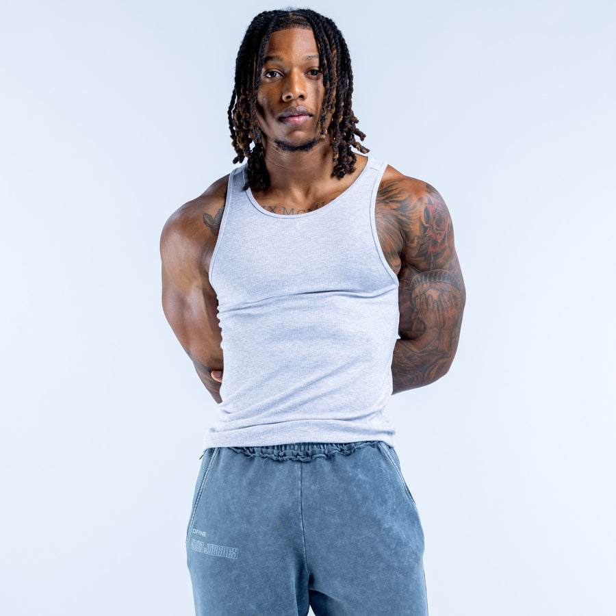 Light blue ribbed sleeveless vest, crew neck, front view