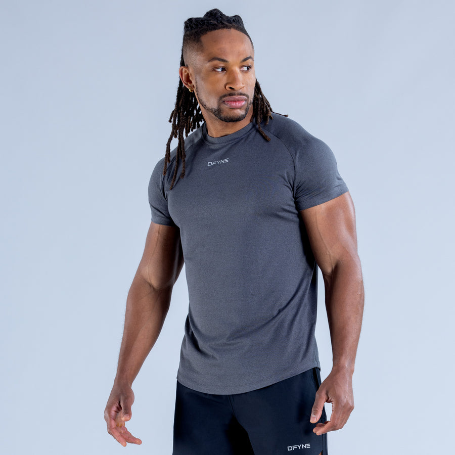 Men's training T-shirt, dark gray, crew neck, short sleeves, chest logo