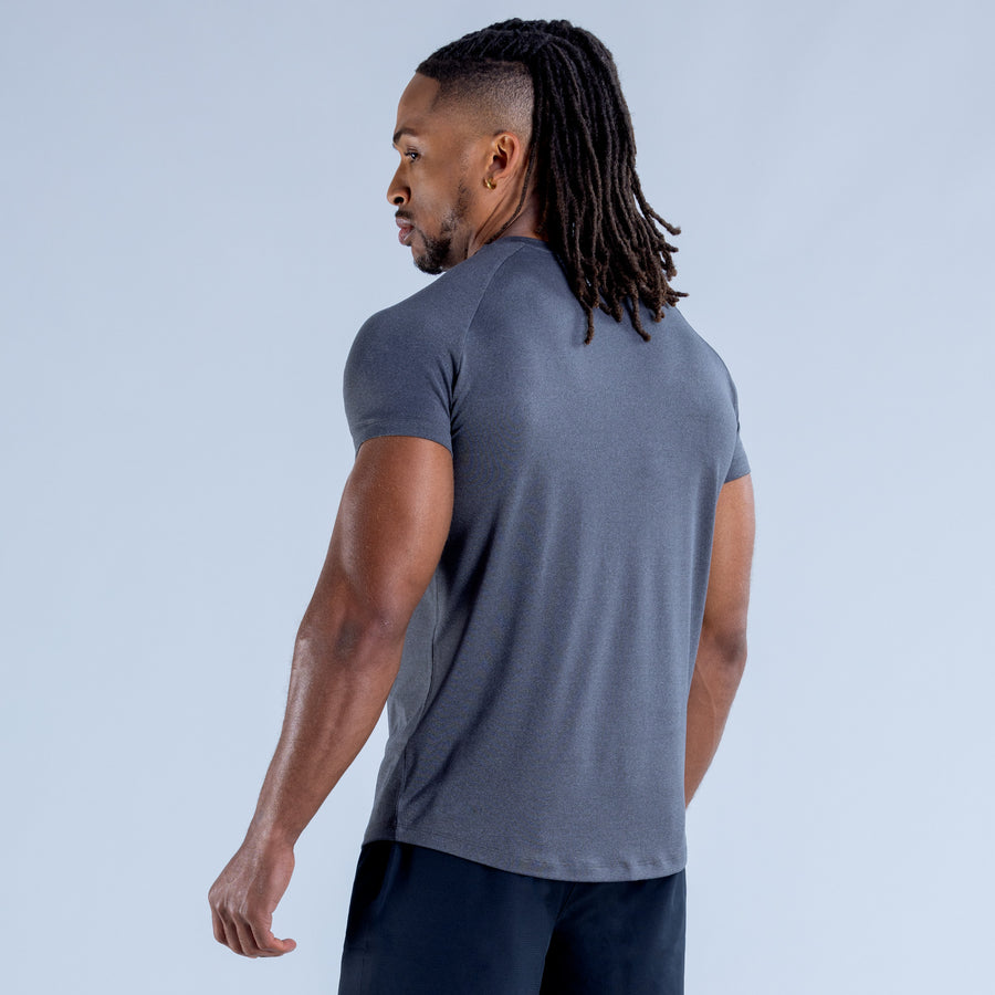 Men's training T-shirt, dark gray, crew neck, short sleeves, side view