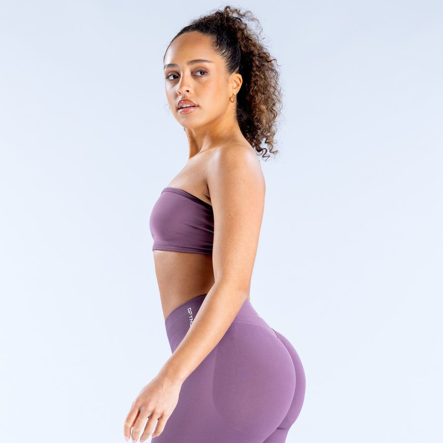 Backless bandeau bra in mauve, strapless front with supportive band