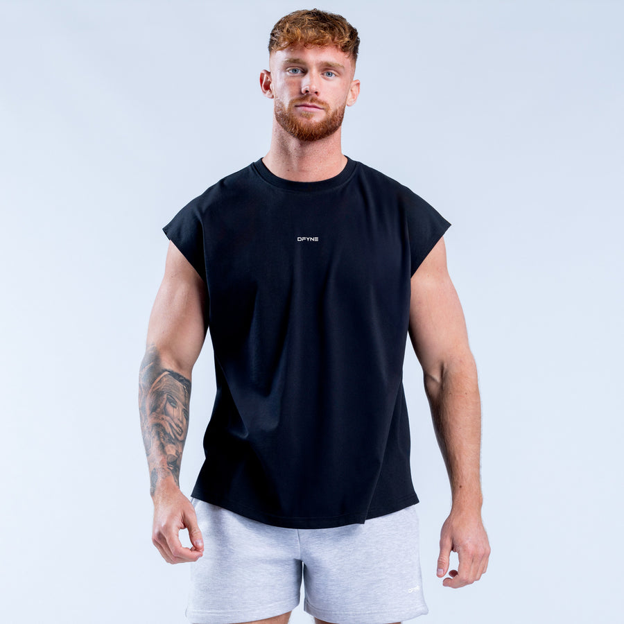 Black signature tank top, front view with small chest logo detail.
