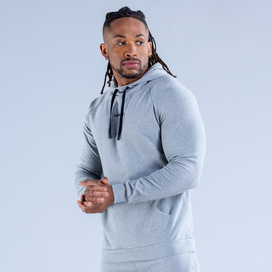 Light gray front pullover hoodie with hood and drawstrings, kangaroo pocket, long sleeves.
