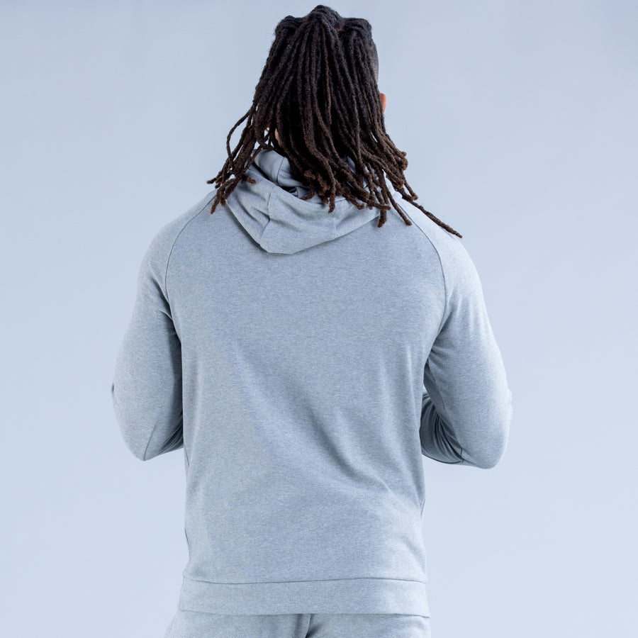 Light gray back view pullover hoodie with hood and long sleeves, kangaroo pocket.