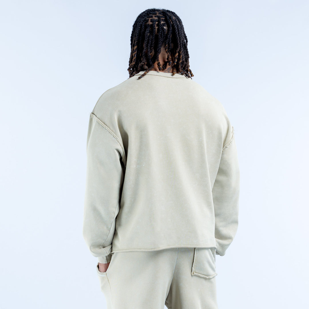 Washed light-green crewneck sweatshirt viewed from back with logo graphic
