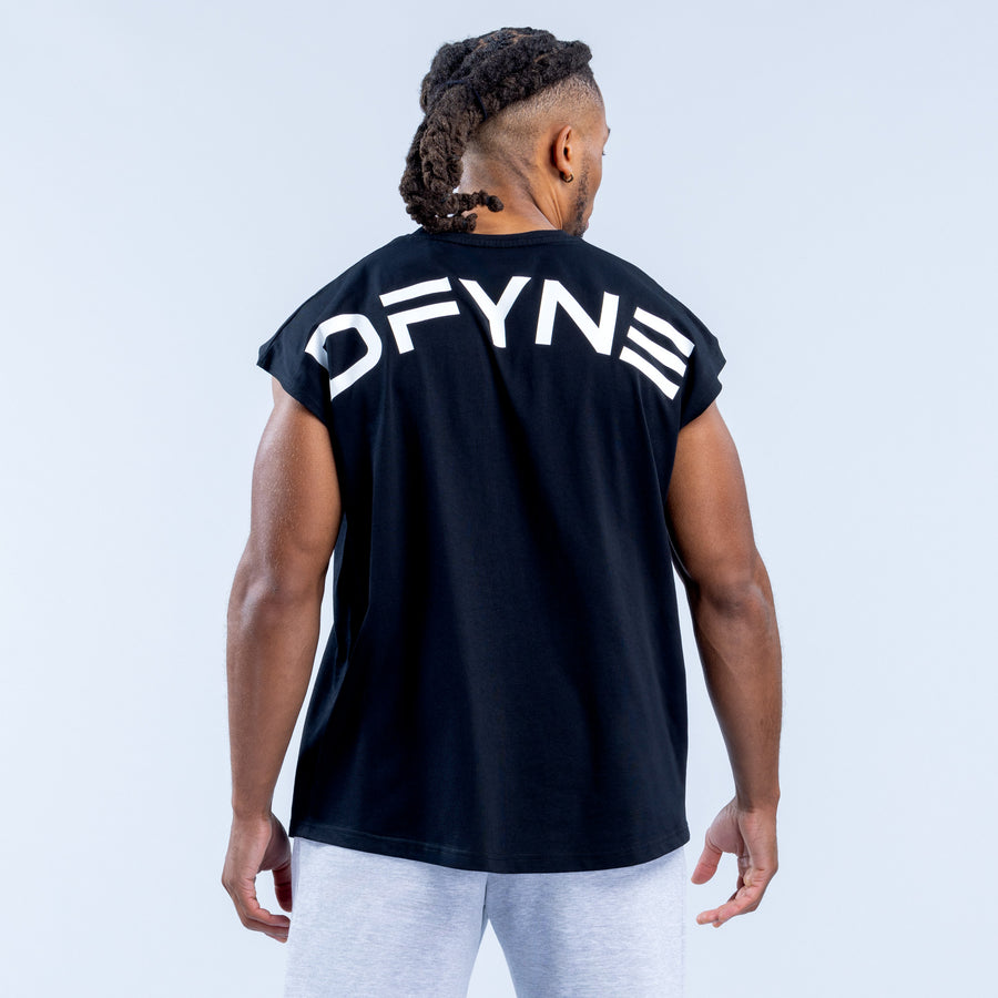 Black signature tank top, rear view with DFYN lettering across the yoke.