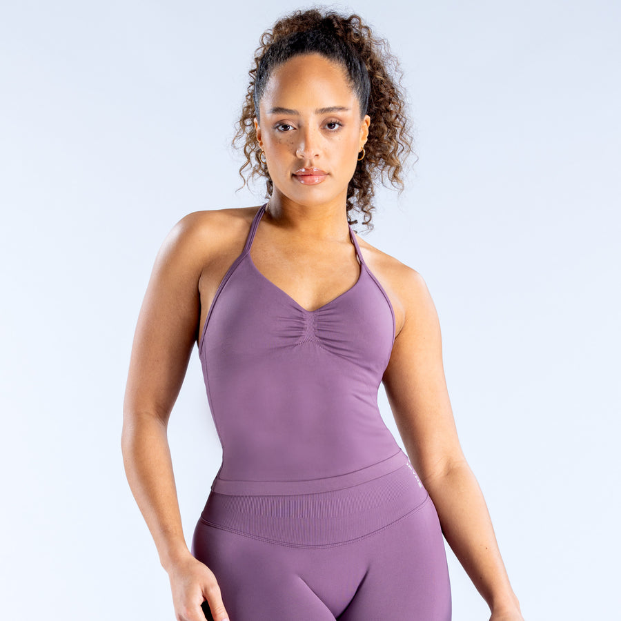 Longline strappy top with thin V-neck straps, mauve purple, front view