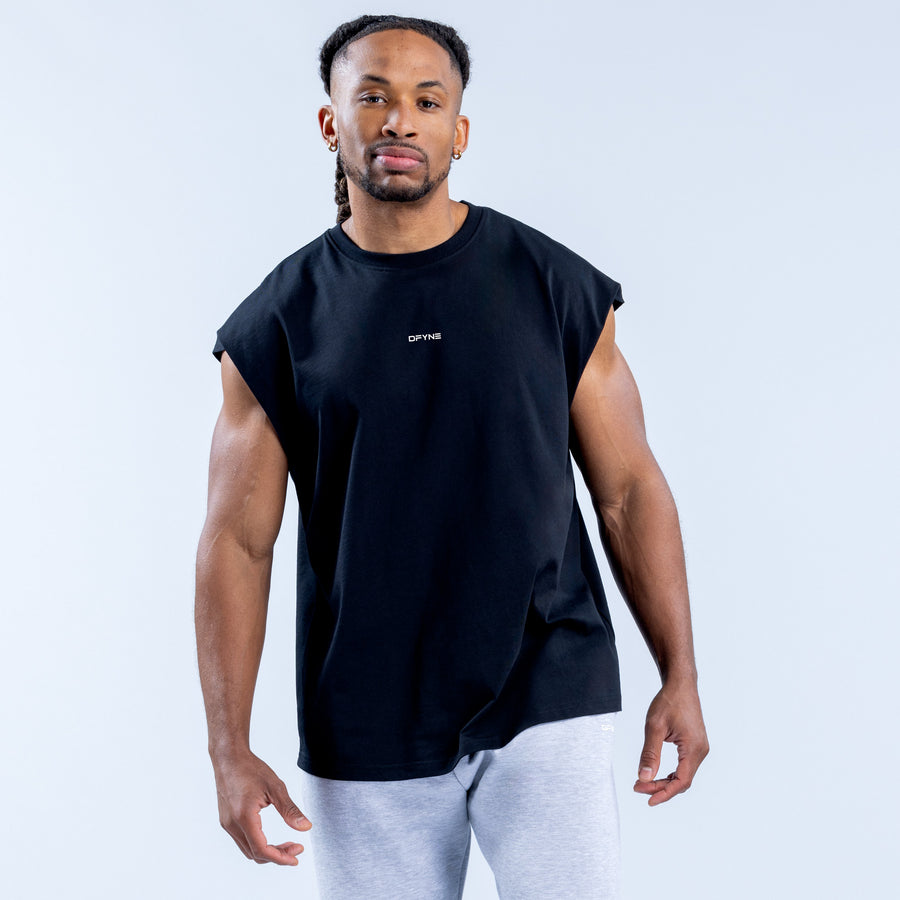 Black signature tank top, front view with minimal logo at the chest.