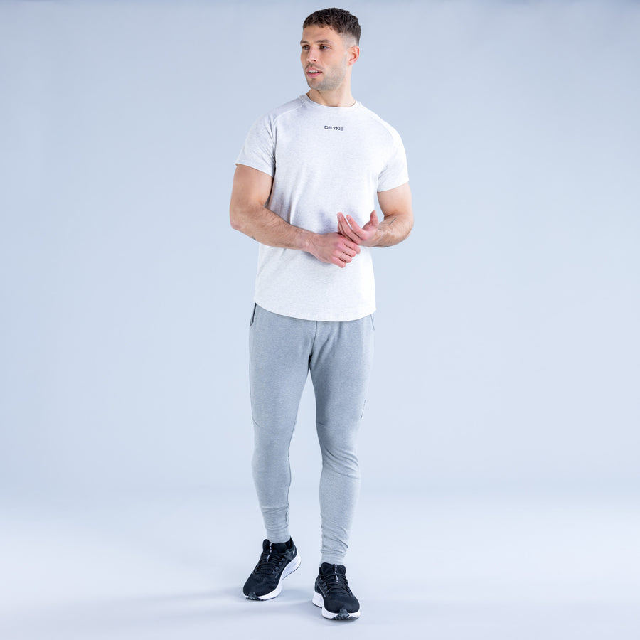 Light gray tapered jogger pants, full-body front view