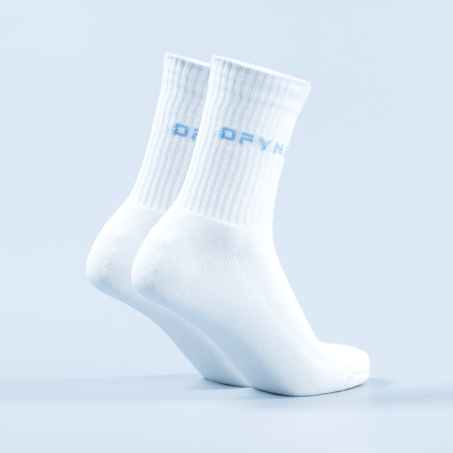 White crew socks with blue DF logo on shaft, ribbed knit and cushioned toe