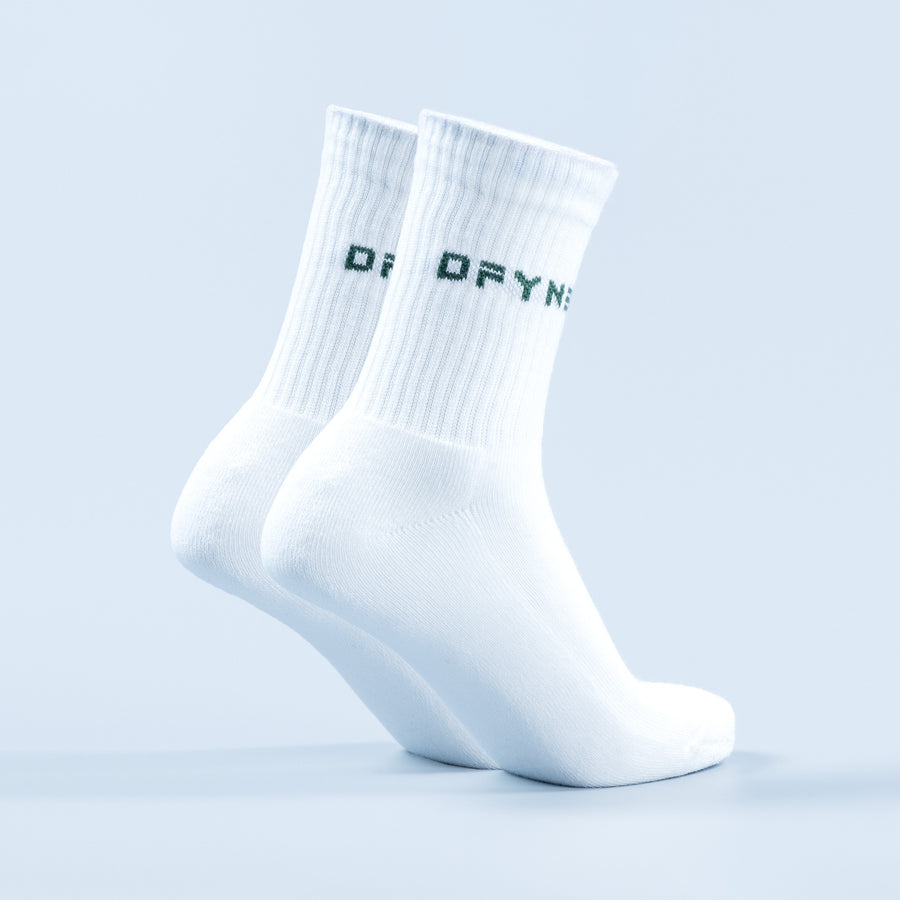 Pair of white crew socks with ribbed shafts and front logo on instep