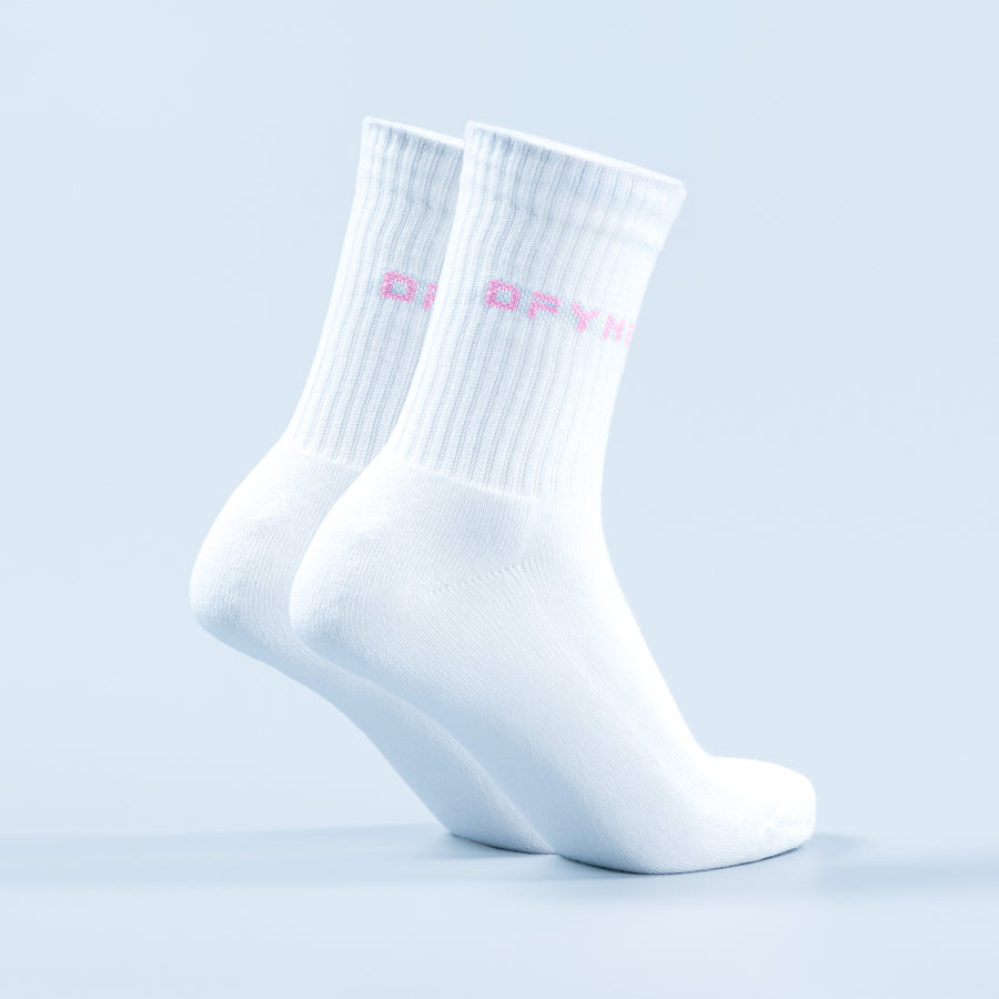Pair of white crew socks with ribbed legs and pink logo text near the ankle