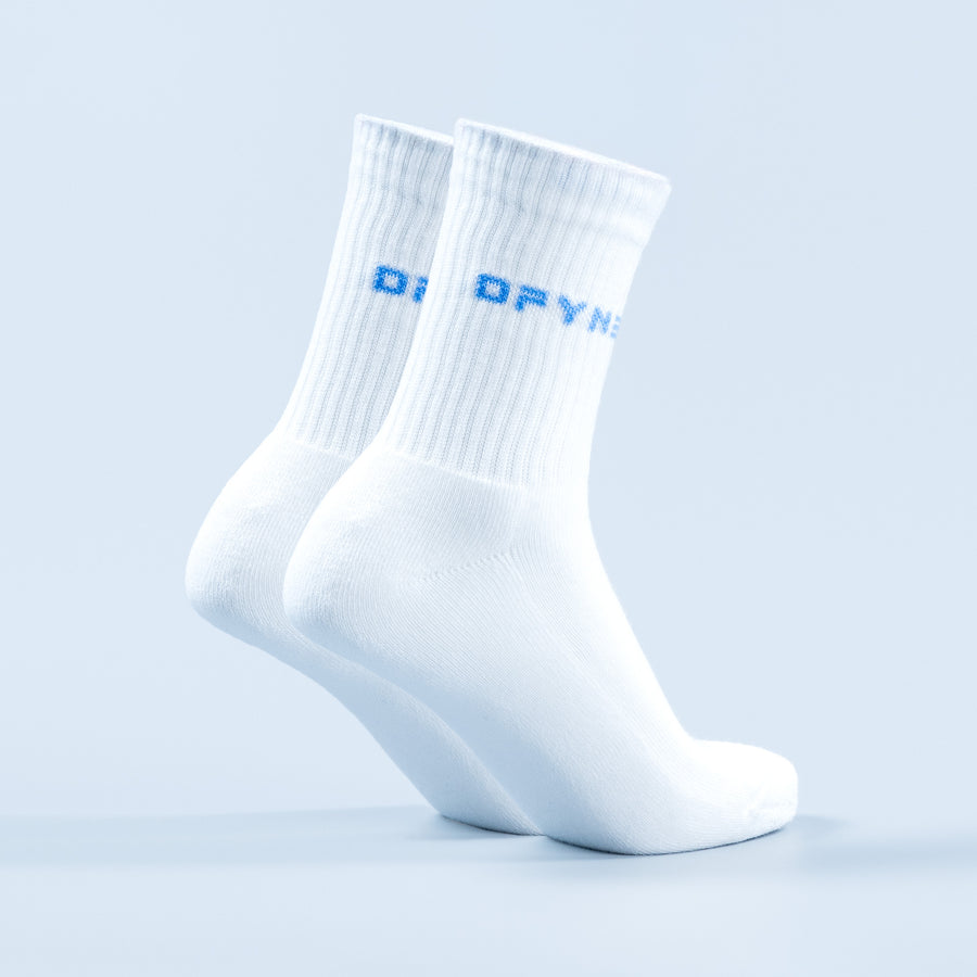 Pair of white crew socks with blue logo on cuff, ribbed knit