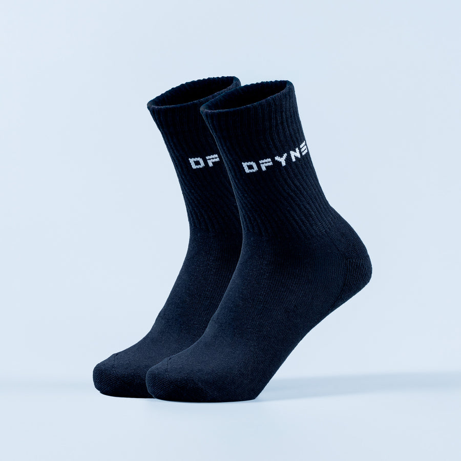 Dark navy crew socks with white DPYNE logo on cuff