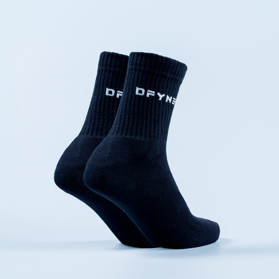Dark navy crew socks, ribbed knit with white DPYNE logo stripe