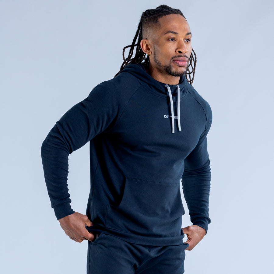 Midweight hoodie, dark navy, front with white drawstrings and kangaroo pocket
