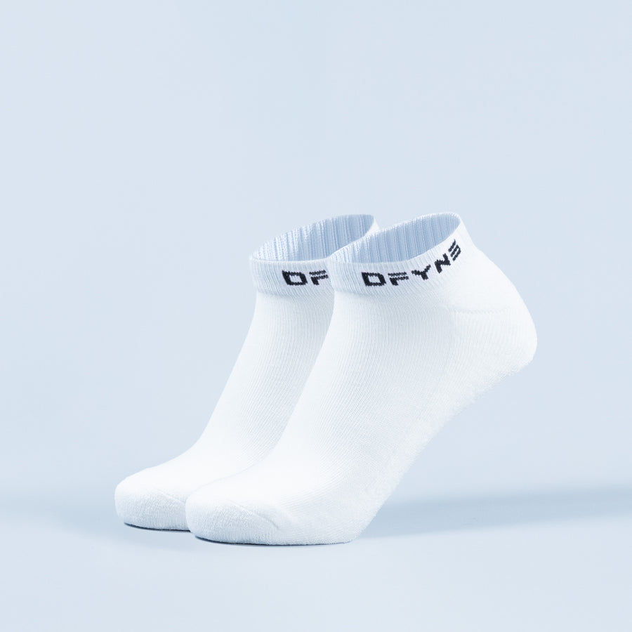 White ankle socks with black logo on cuffs