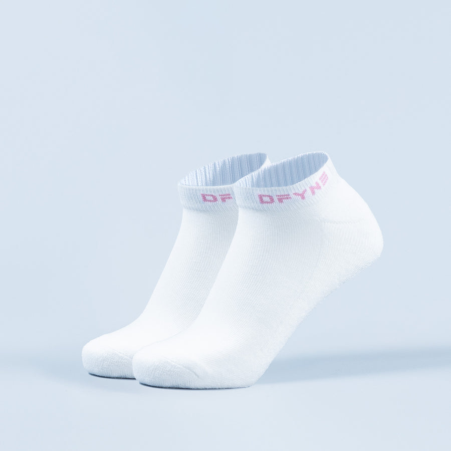 Pair of white ankle socks with pink logo lettering at the cuff