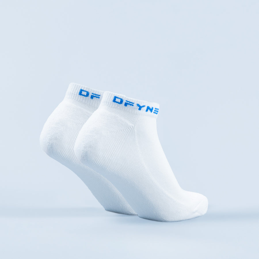 White ankle socks with blue logo text on the cuff