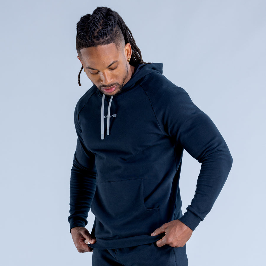 Midweight hoodie, dark navy, logo on chest, front pocket and drawstring hood