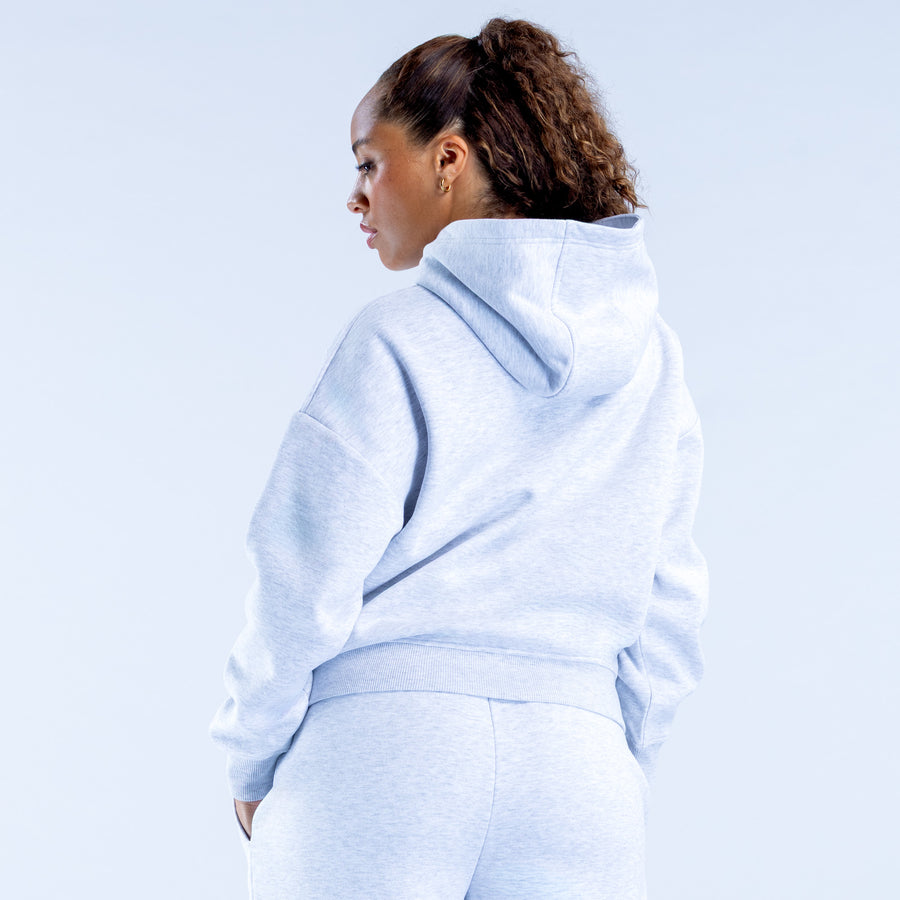 Light blue pullover hoodie with hood, back view