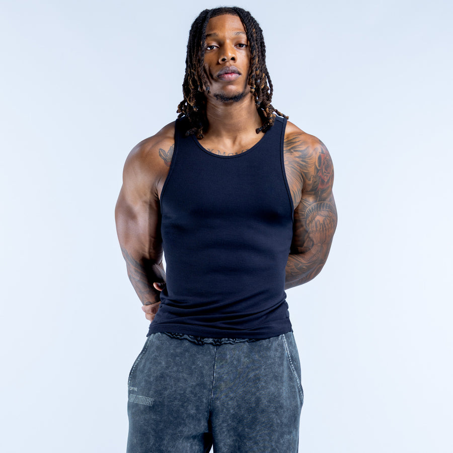 Navy ribbed sleeveless vest with crew neck and straight hem
