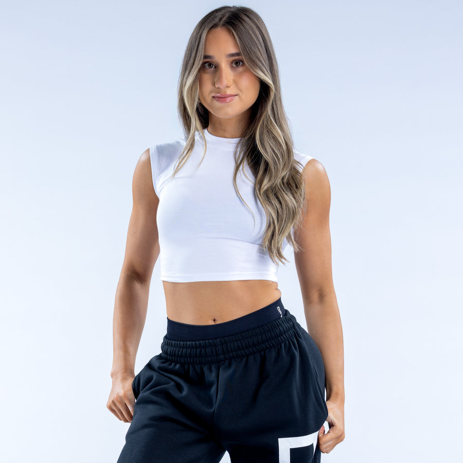 White sleeveless cropped baby tee with crew neckline, front view