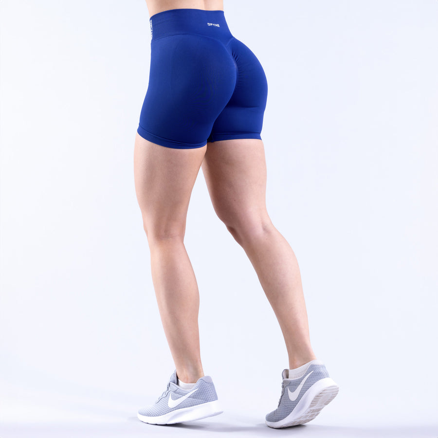 4.5-inch blue performance shorts, back view with contoured seam lines