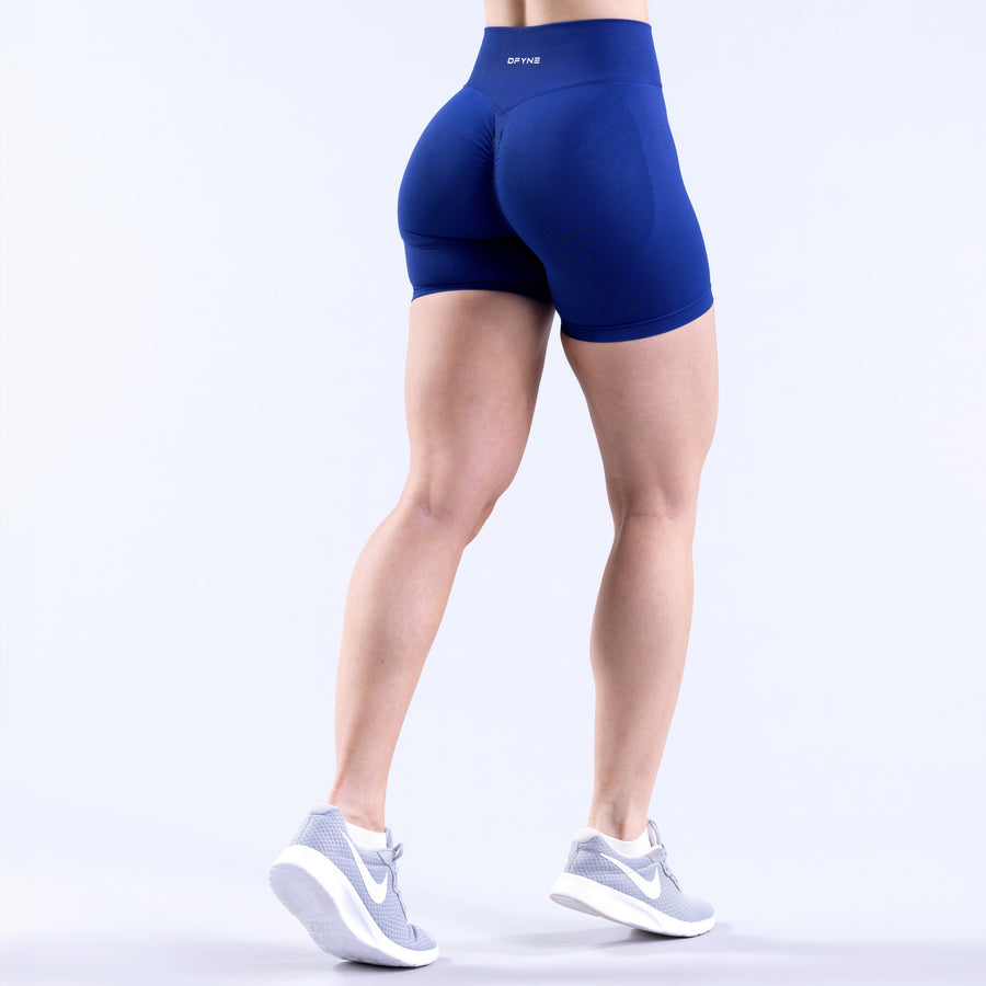 4.5-inch blue performance shorts, rear view showing waistband and hem
