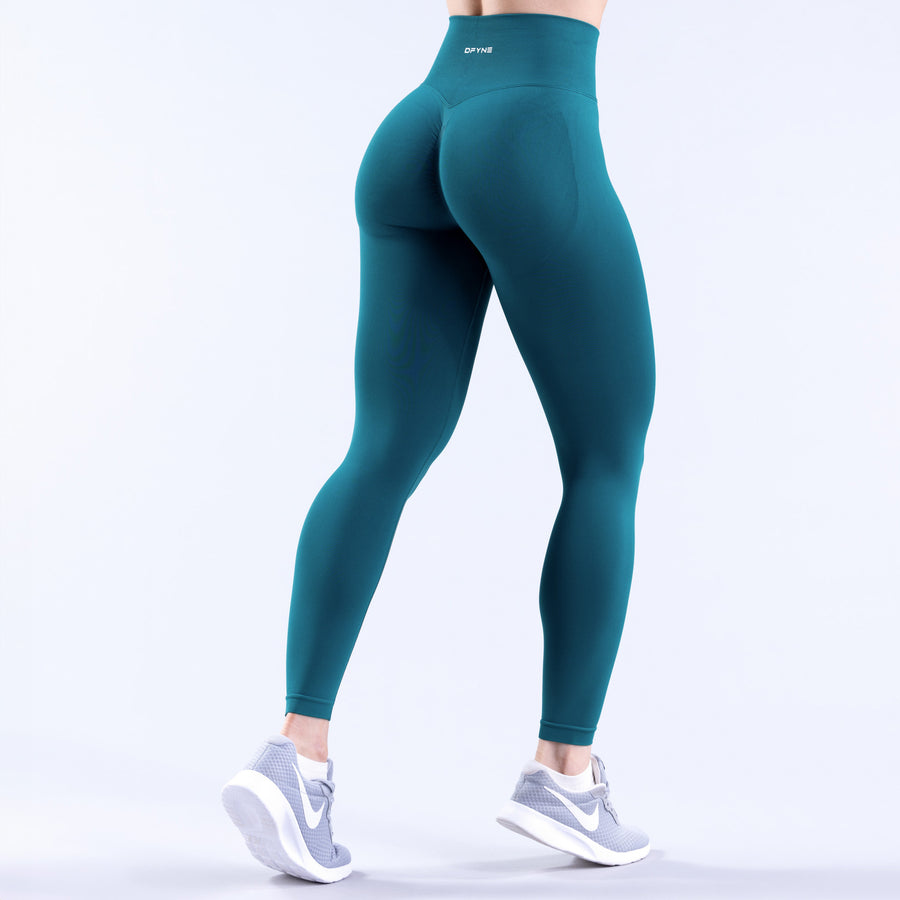 Teal leggings with contoured back and high waistband, ankle length