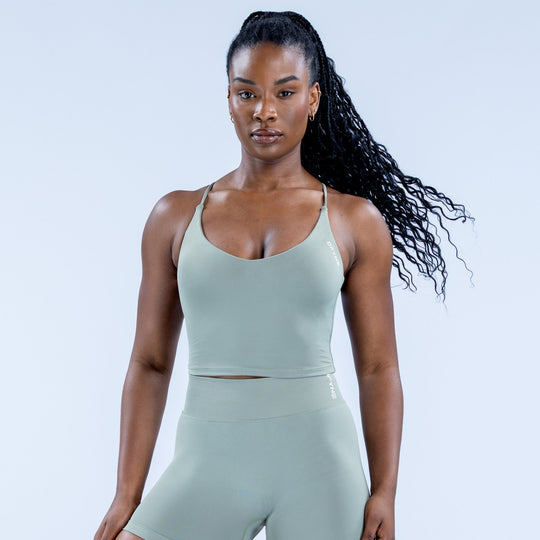 Light sage strappy sports top with wide scoop neckline