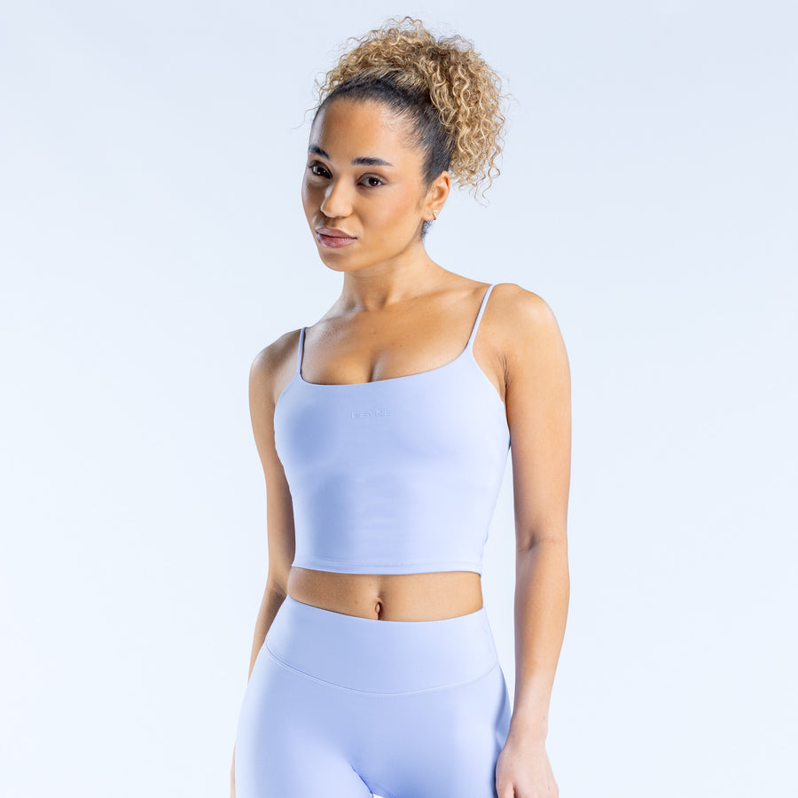 Origin strappy crop top in light blue with thin spaghetti straps and square neckline