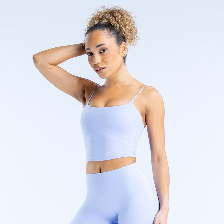 Origin strappy crop top, light blue, thin straps and square neckline, front view