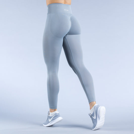Sky-blue leggings, back view with small logo and smooth stretch fabric
