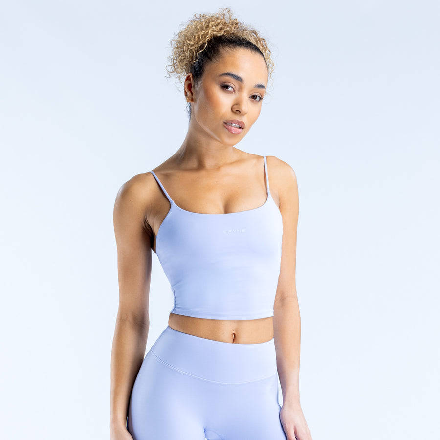 Origin strappy crop top in light blue with thin straps and square neckline