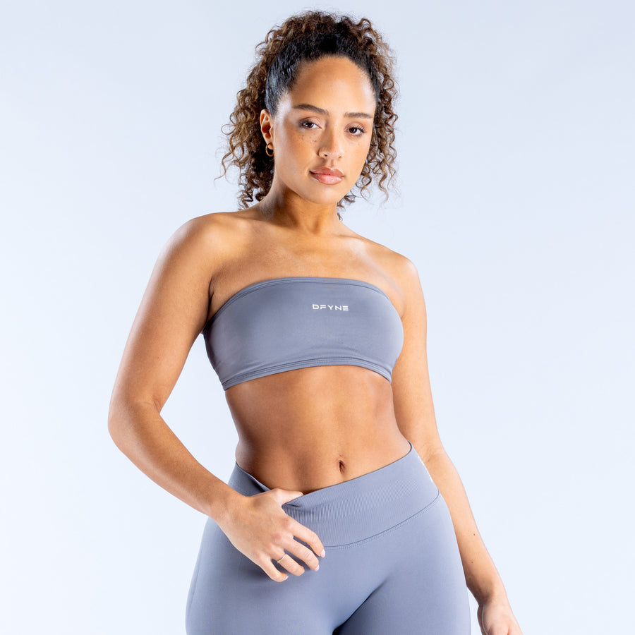 Steel blue backless bandeau bra with wide underband and centered logo