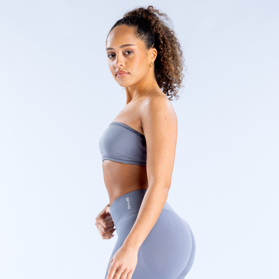 Steel blue bandeau with wide band and strapless front, side view