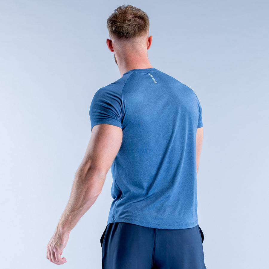 Men's training t-shirt, blue crewneck; back view; short sleeves