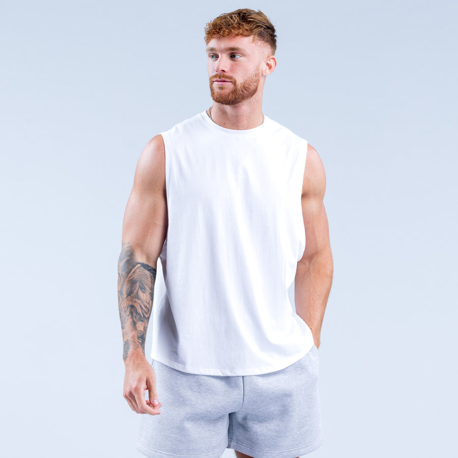 White sleeveless tank top with crew neck and straight hem