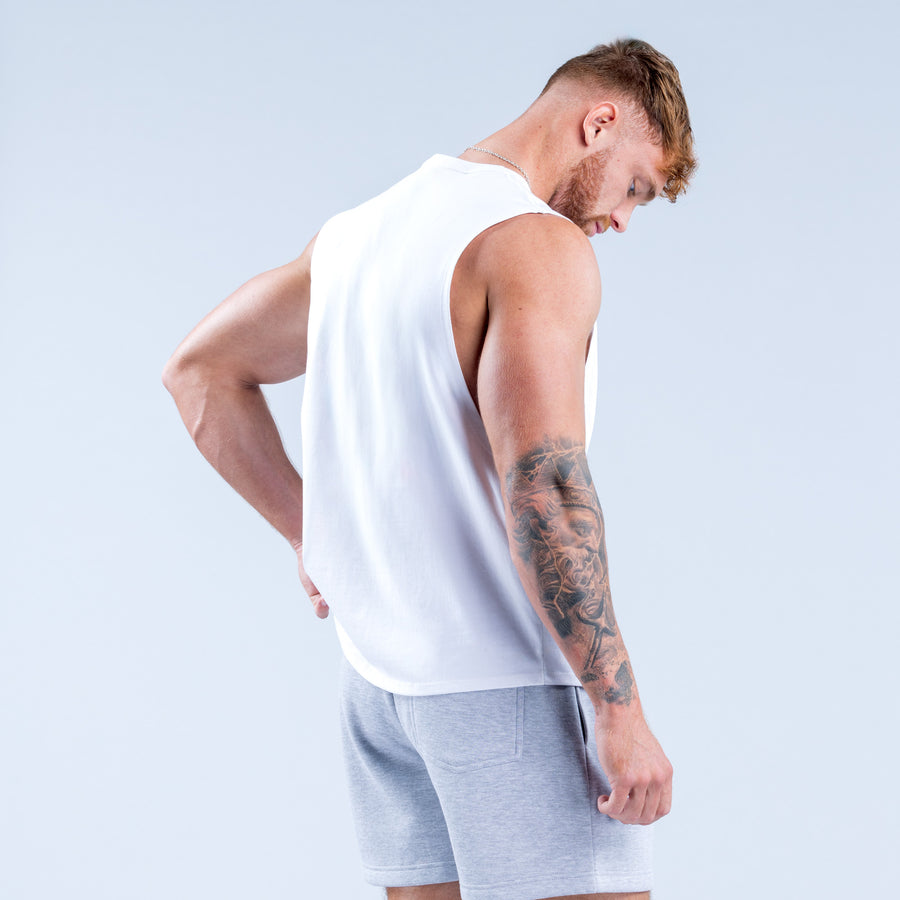White sleeveless tank top back view with wide arm openings