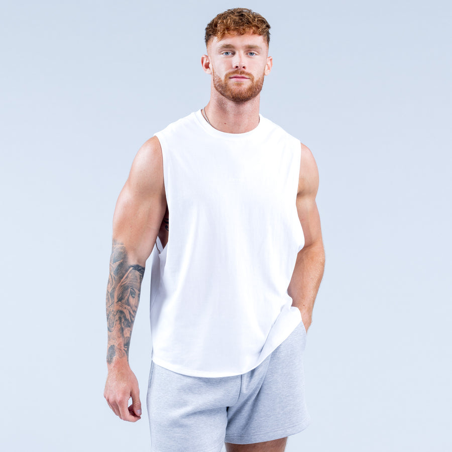 White sleeveless tank top with crew neck and relaxed fit