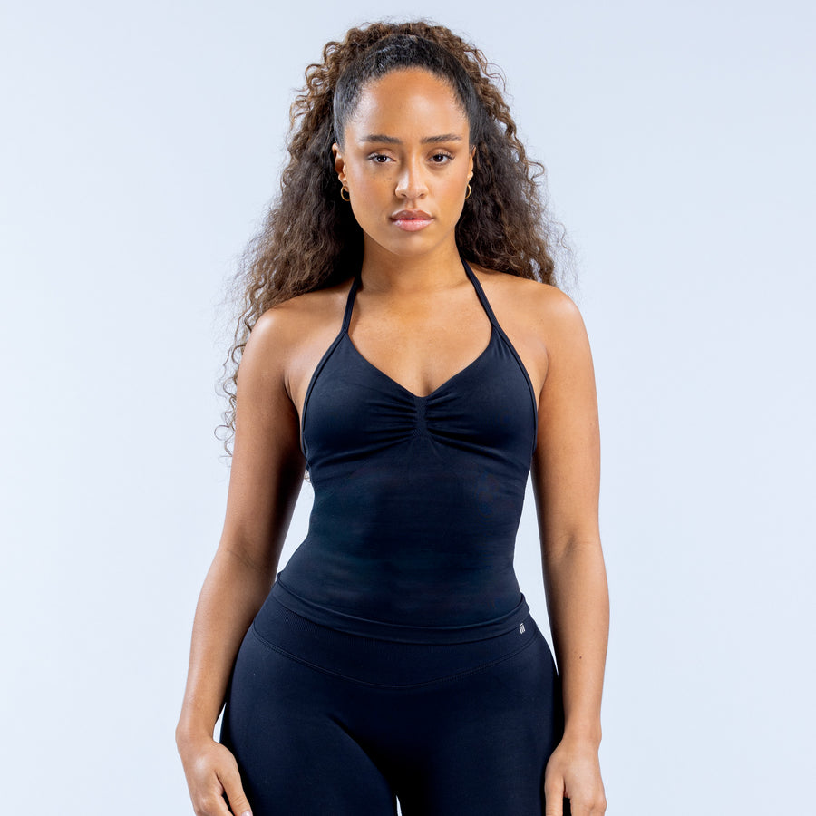 Longline strappy athletic top with ruched front and thin halter straps, dark