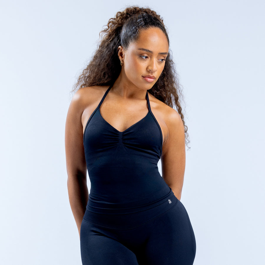 Longline strappy athletic top with ruched neckline and halter straps, dark