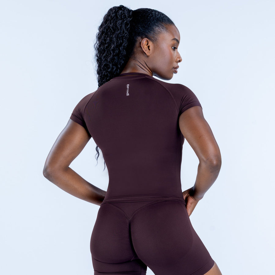 Impact short sleeve top, fitted back view, crew neck, dark maroon