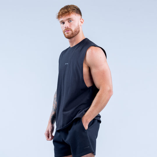 Dark sleeveless crew-neck tank top with relaxed drape, front view