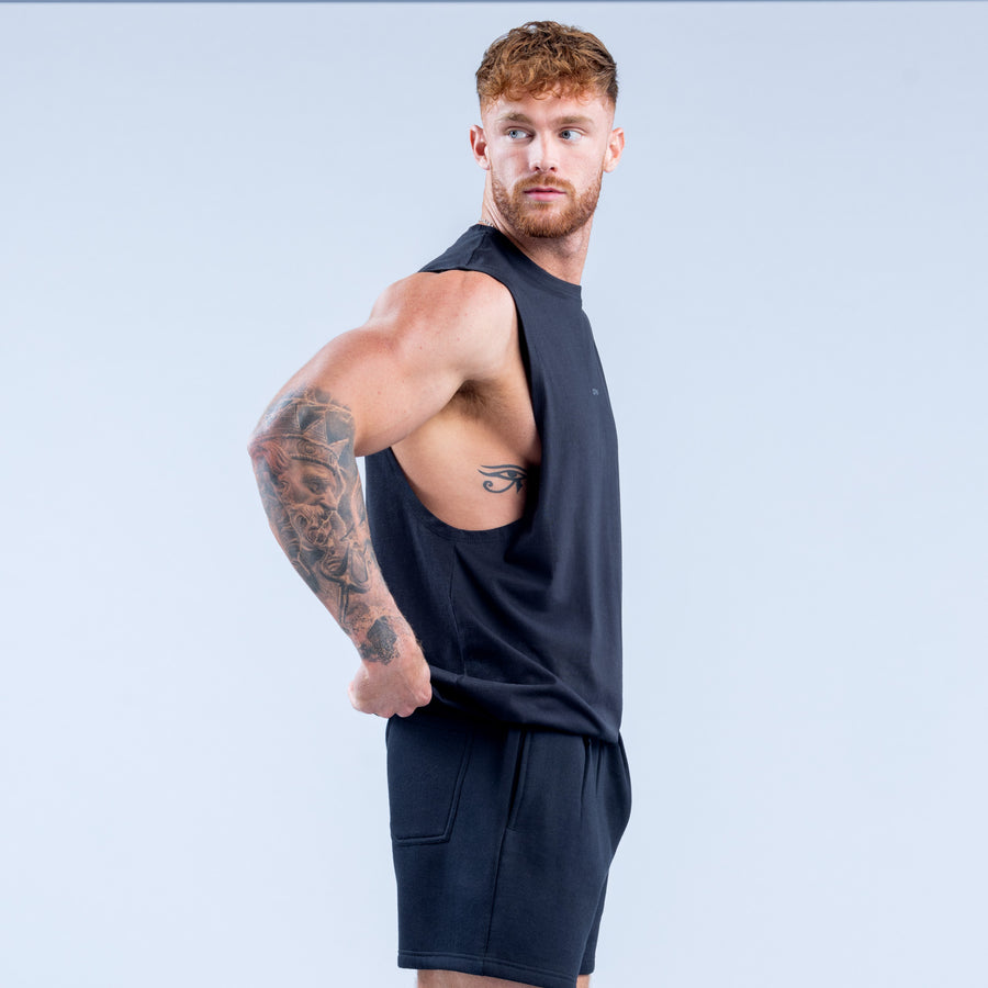 Dark sleeveless crew-neck tank top with small chest logo