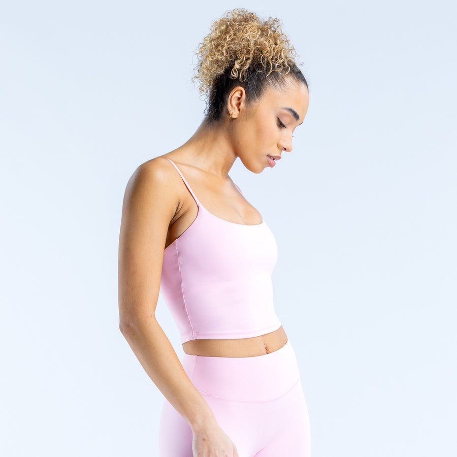 Origin strappy top, light purple/pink fitted crop tank with spaghetti straps