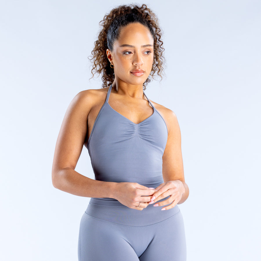 Longline strappy sports top in slate blue, V-neck and ruched bust seams